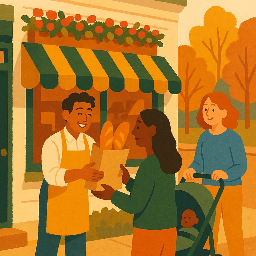 A baker handing bread to a customer outside a small bakery