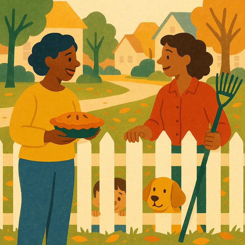 Two neighbors chatting over a picket fence